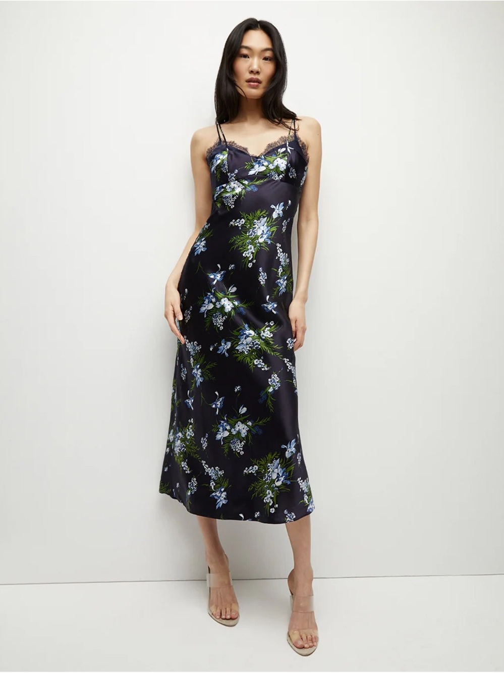 Veronica Beard Bixie Stretch Slip Navy Floral Dress with Lace Trim